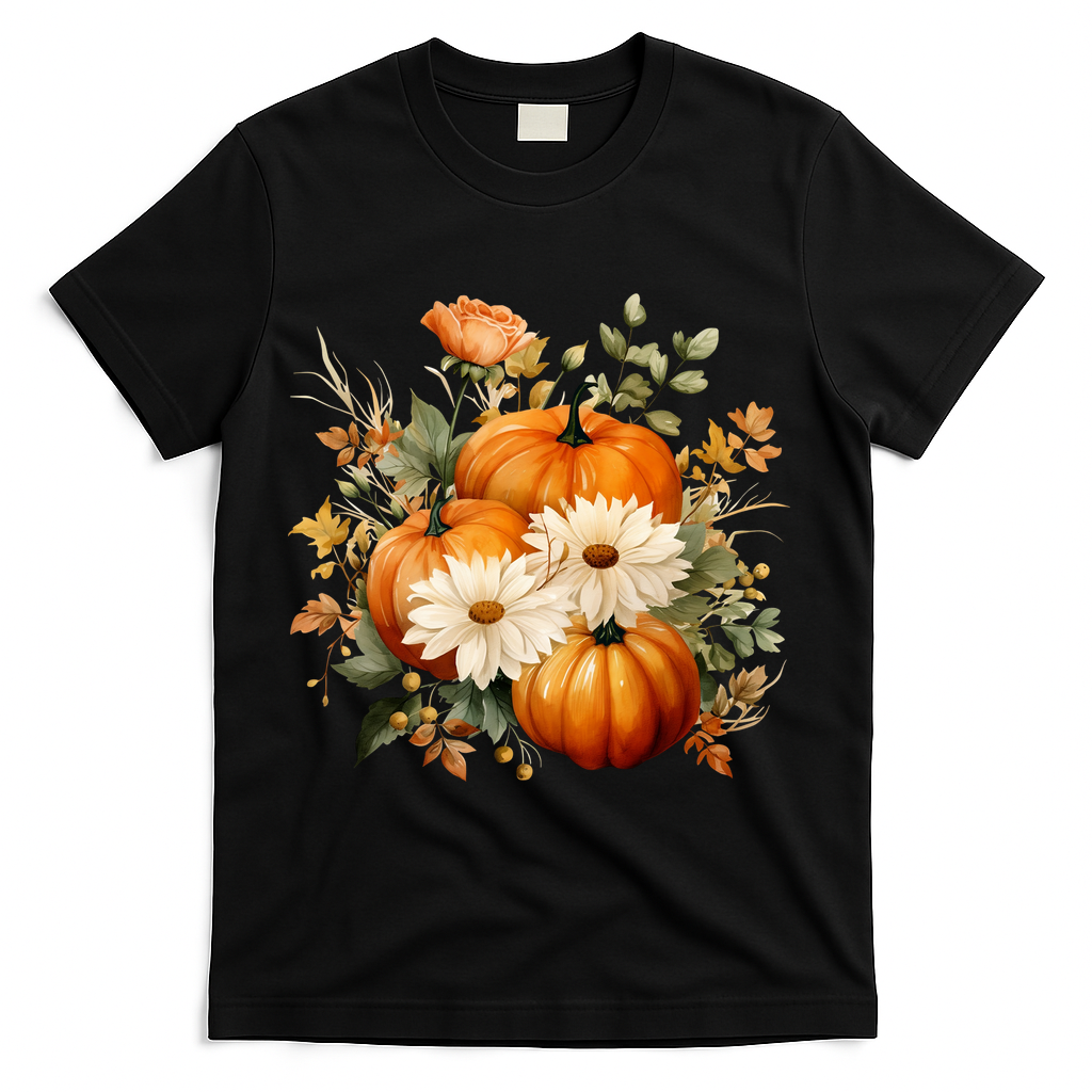 Fall Pumpkin Floral Holiday T-Shirt - Black