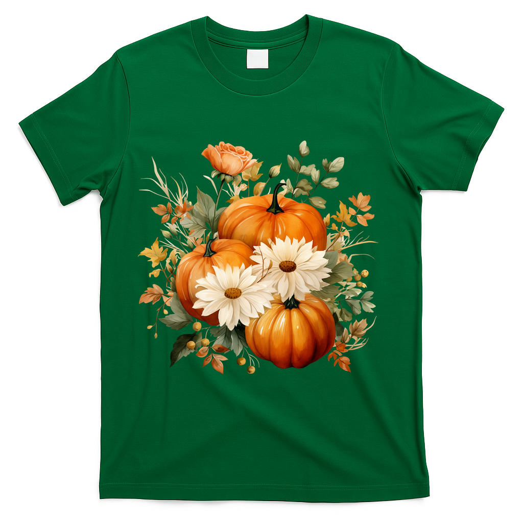 Fall Pumpkin Floral Holiday T-Shirt - Green