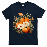 Fall Pumpkin Floral Holiday T-Shirt - Navy