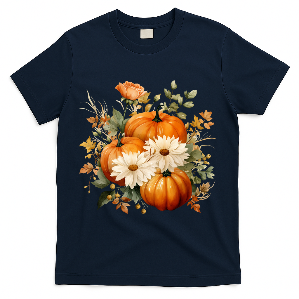 Fall Pumpkin Floral Holiday T-Shirt - Navy