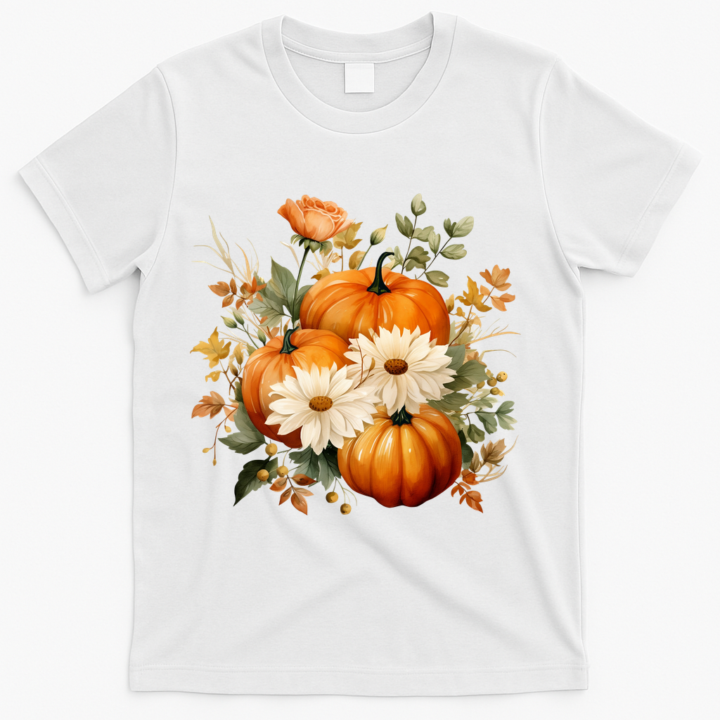 Fall Pumpkin Floral Holiday T-Shirt - White