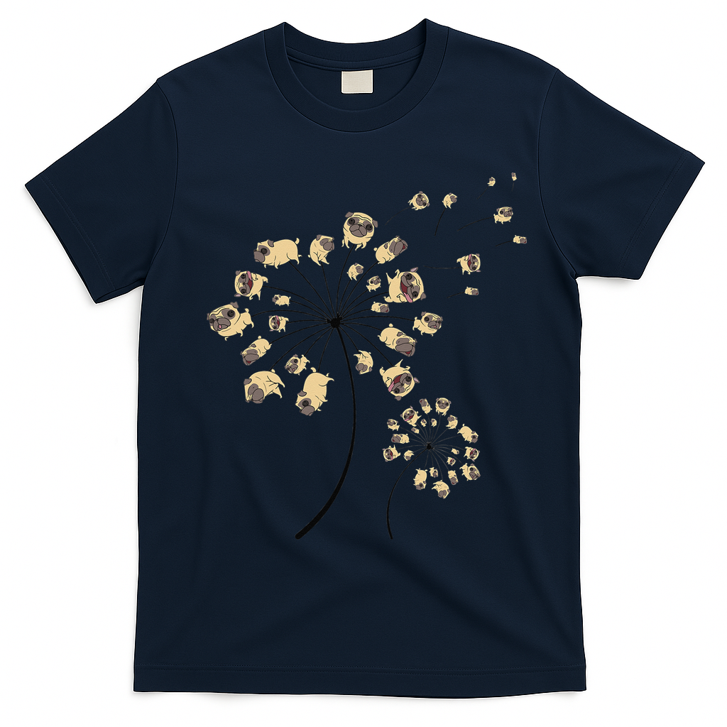 Funny Pug Gift For  Cool Flower Dog Dandelion Lover T-Shirt - Navy Blue