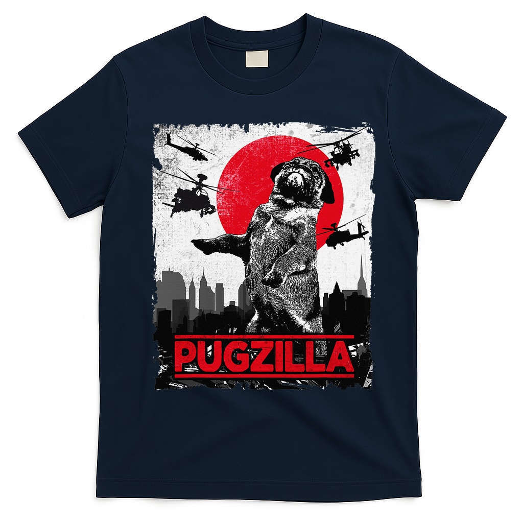 Funny Pugzilla Pug Dog T-Shirt - Navy Blue