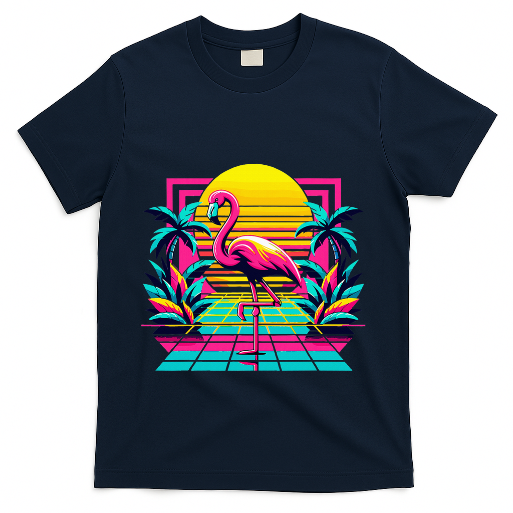 Flamingo Palm Trees Tropical Summer T-Shirt - Navy