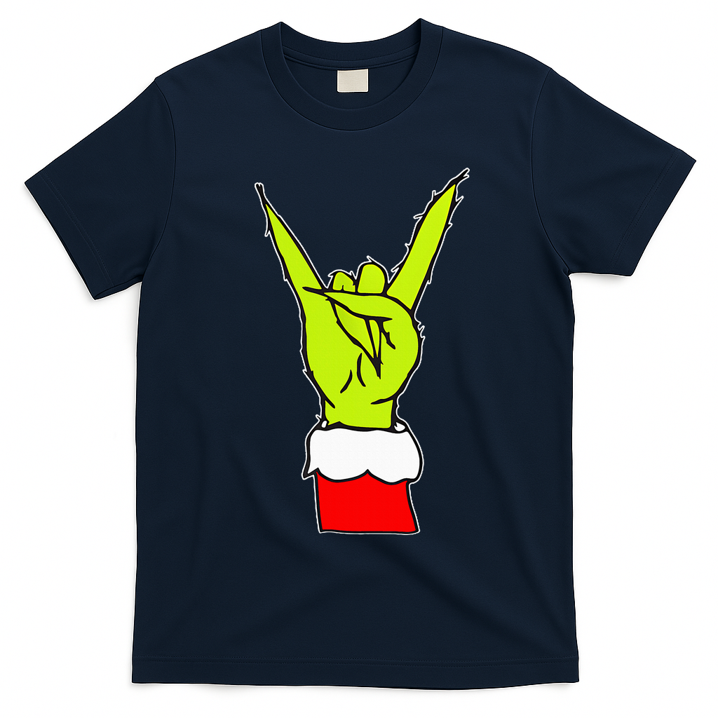 Funny Rock On Hand Christmas Rock & Roll Elf Xmas T-Shirt - Navy Blue