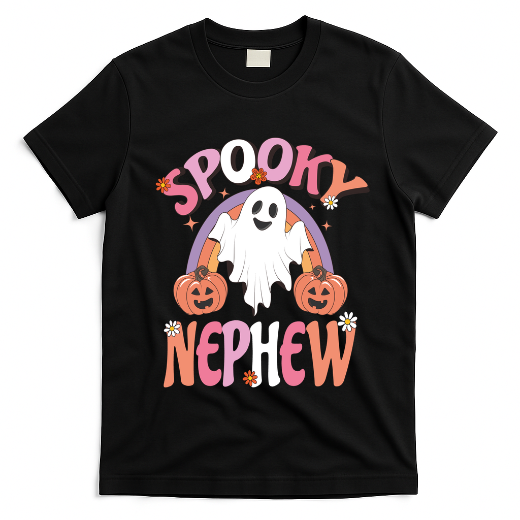 Family Retro Spooky Nephew Groovy Retro Halloween Ghost Costume Gift T-Shirt - Black