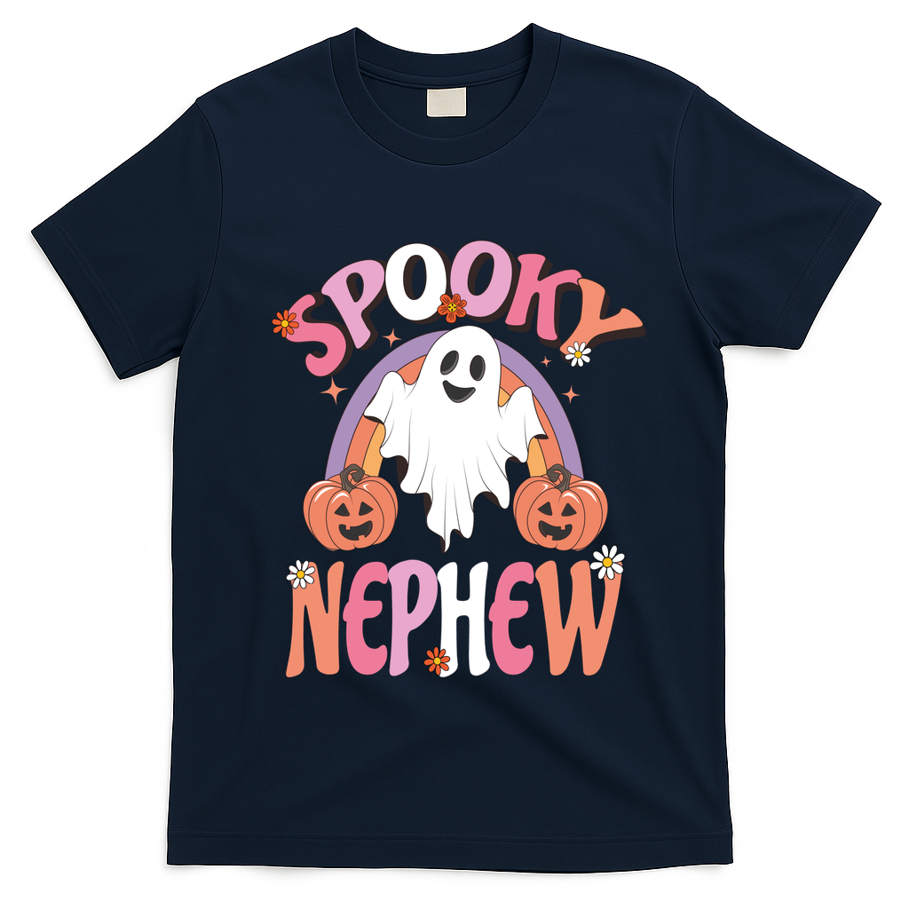 Family Retro Spooky Nephew Groovy Retro Halloween Ghost Costume Gift T-Shirt - Navy Blue