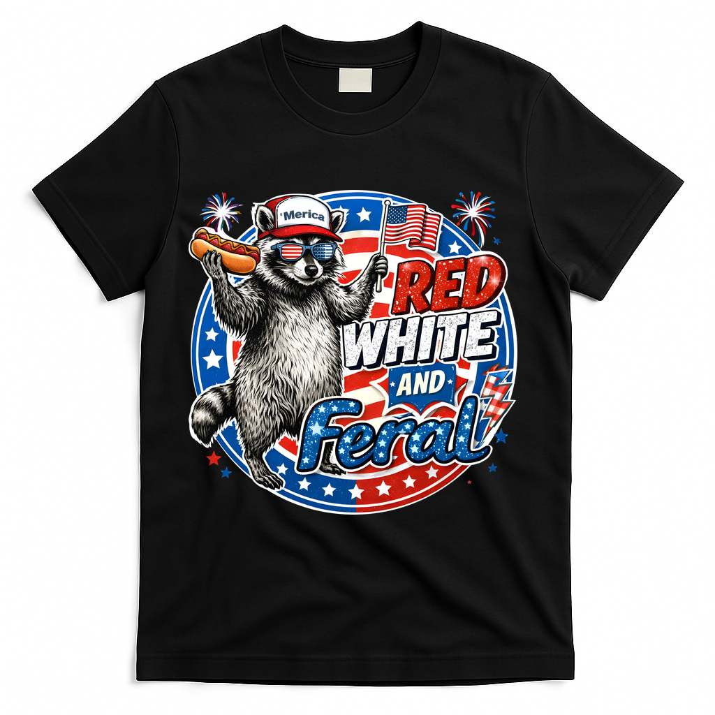 Funny Red White And Feral Patriotic Raccoon 4th Of July T-Shirt - Black