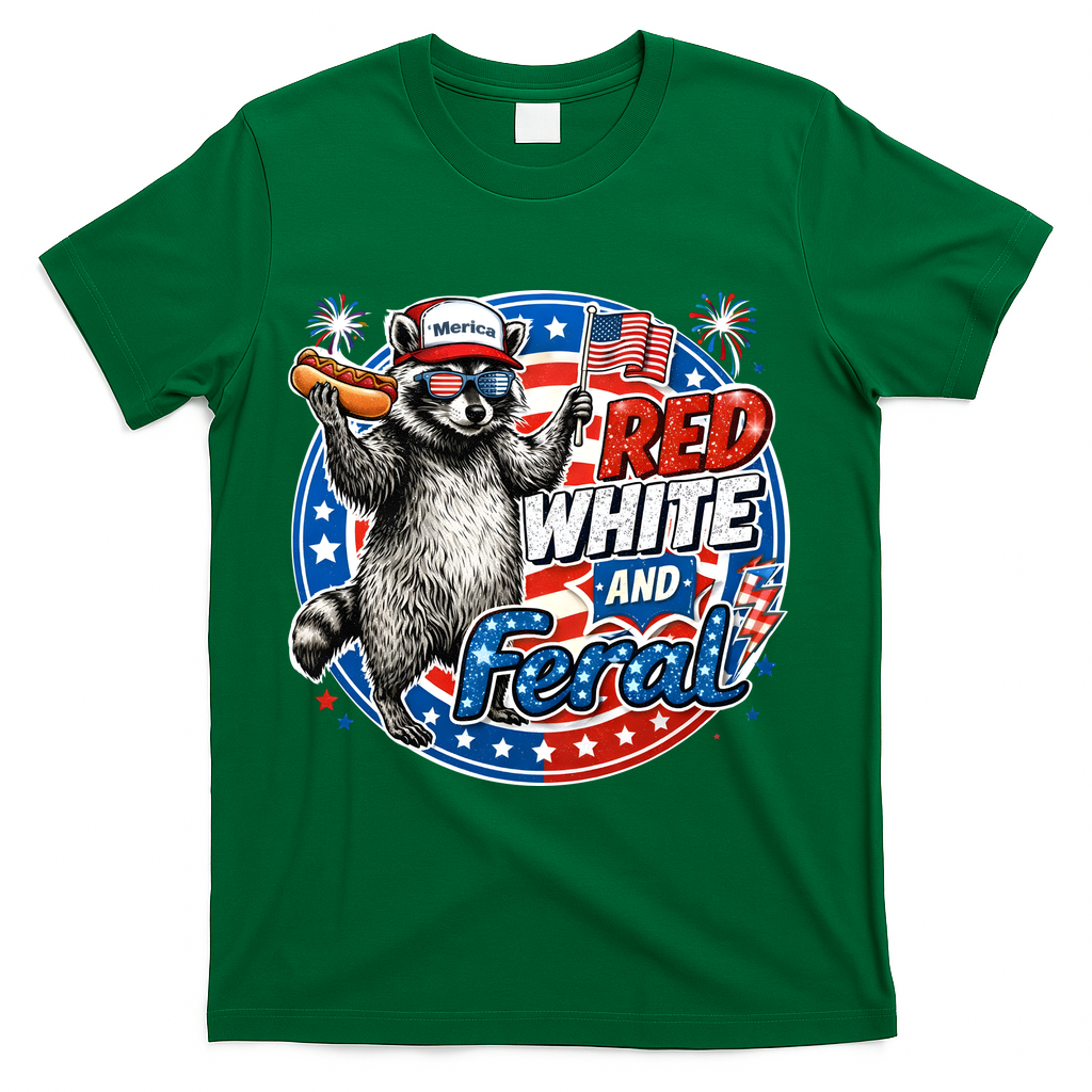Funny Red White And Feral Patriotic Raccoon 4th Of July T-Shirt - Green