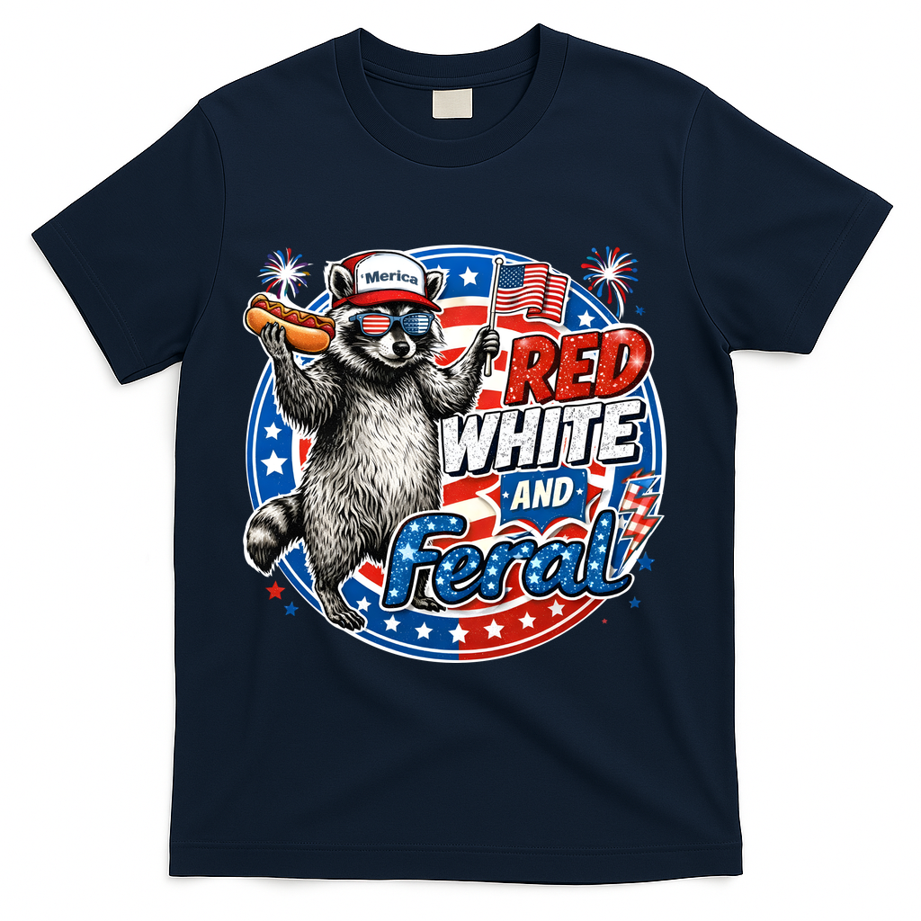 Funny Red White And Feral Patriotic Raccoon 4th Of July T-Shirt - Navy