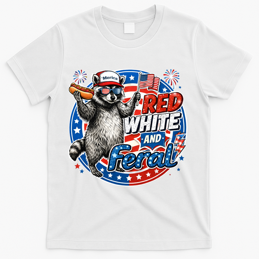 Funny Red White And Feral Patriotic Raccoon 4th Of July T-Shirt - White