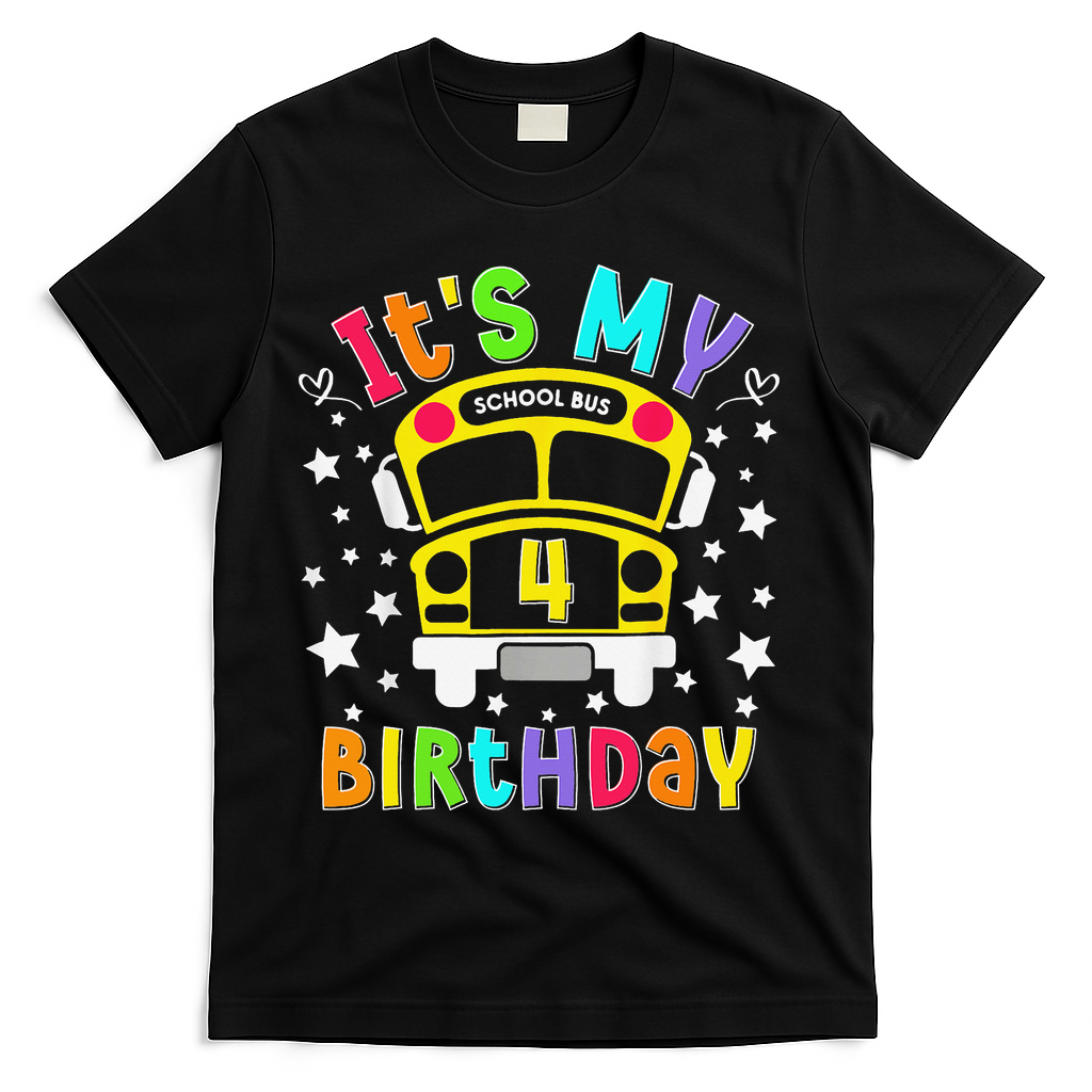 Funny School 4th Birthday Party School Bus Teacher Student T-Shirt - Black
