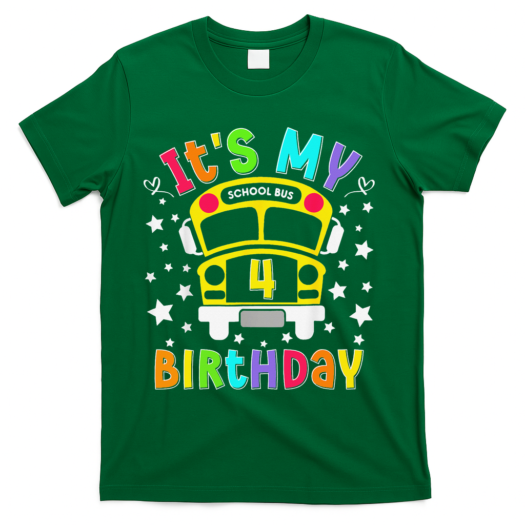 Funny School 4th Birthday Party School Bus Teacher Student T-Shirt - Green