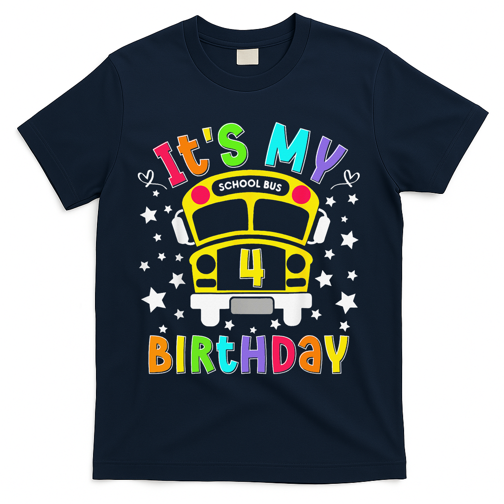 Funny School 4th Birthday Party School Bus Teacher Student T-Shirt - Navy