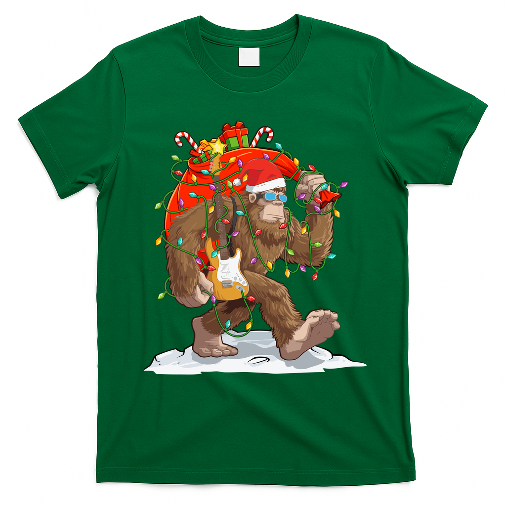 Funny Santa Bigfoot Christmas Lights Rock Sasquatch Believe T-Shirt - Irish Green