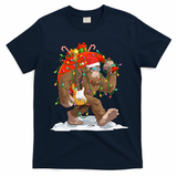 Funny Santa Bigfoot Christmas Lights Rock Sasquatch Believe T-Shirt - Navy Blue