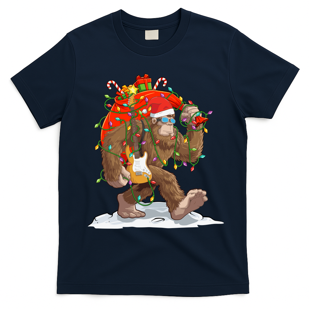 Funny Santa Bigfoot Christmas Lights Rock Sasquatch Believe T-Shirt - Navy Blue