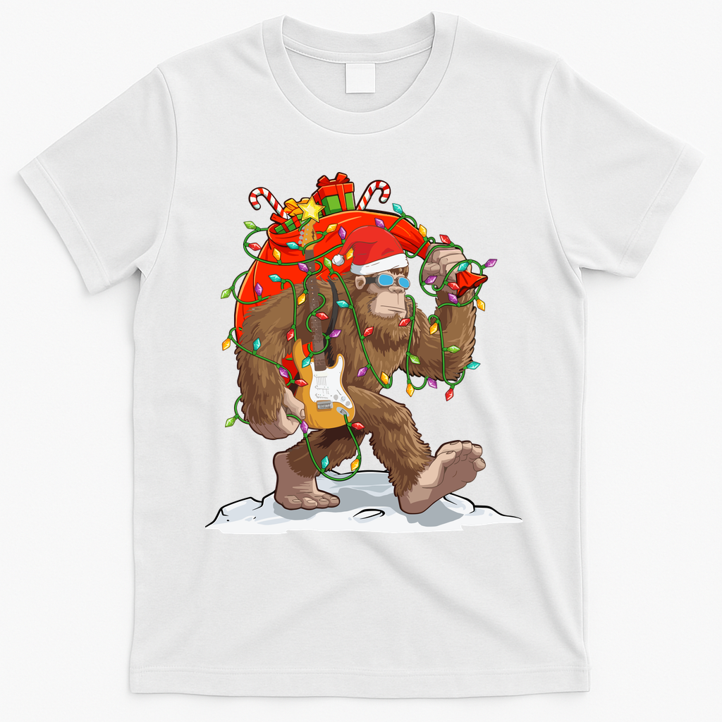Funny Santa Bigfoot Christmas Lights Rock Sasquatch Believe T-Shirt - White
