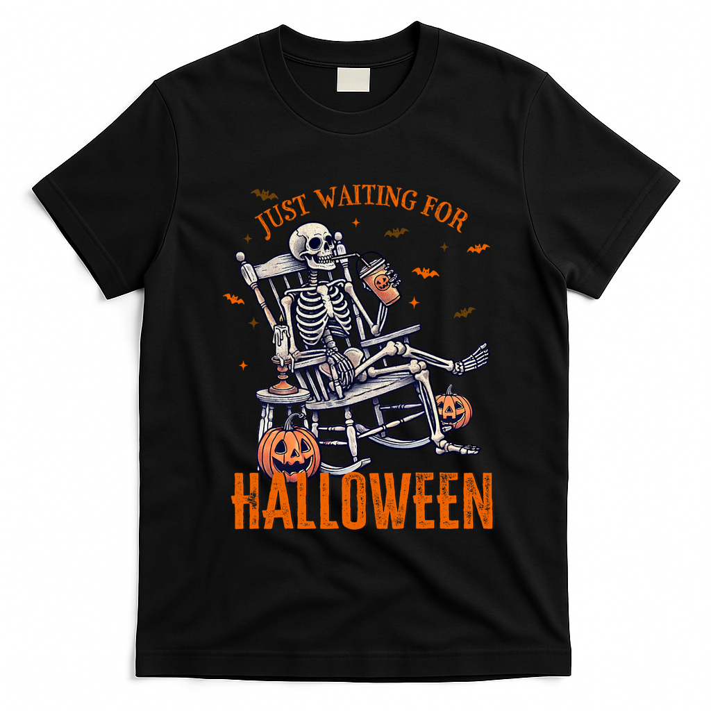 Funny Skeleton Christmas Design Just Waiting For Halloween T-Shirt - Black