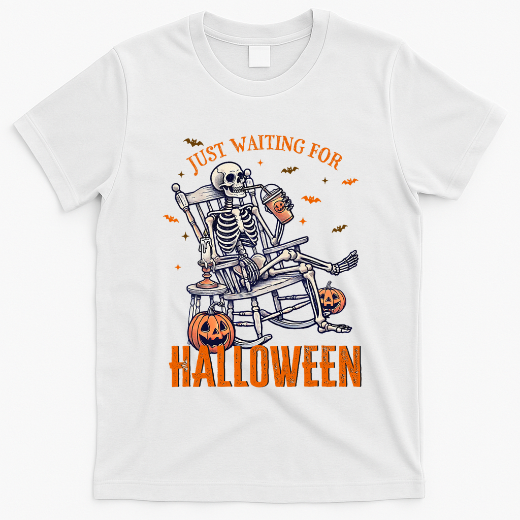Funny Skeleton Christmas Design Just Waiting For Halloween T-Shirt - White