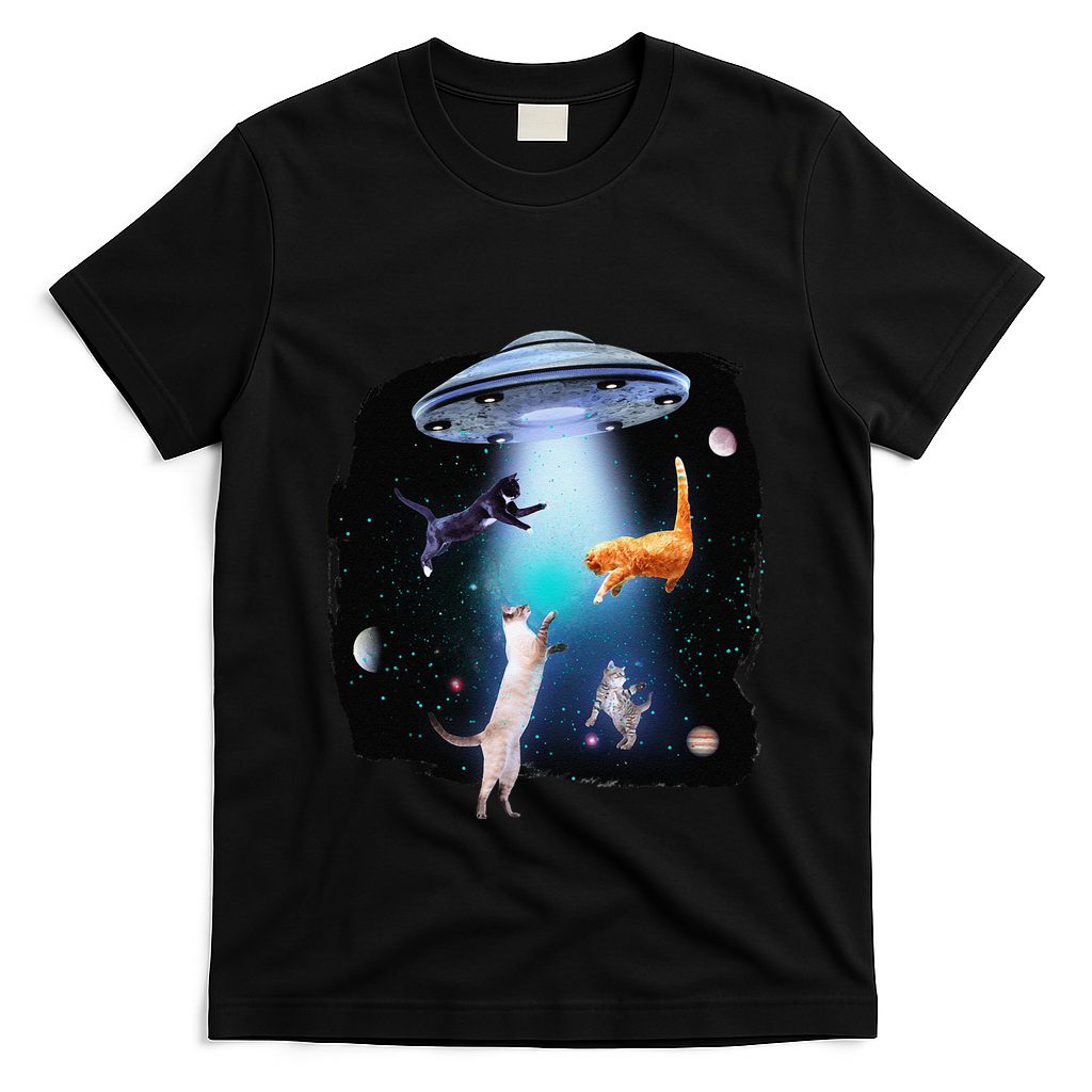 Funny Space Cats Abduction Whimsical Ufo Design T-Shirt