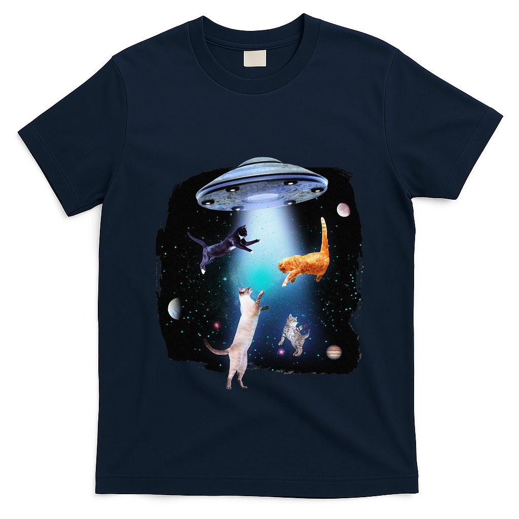 Funny Space Cats Abduction Whimsical Ufo Design T-Shirt