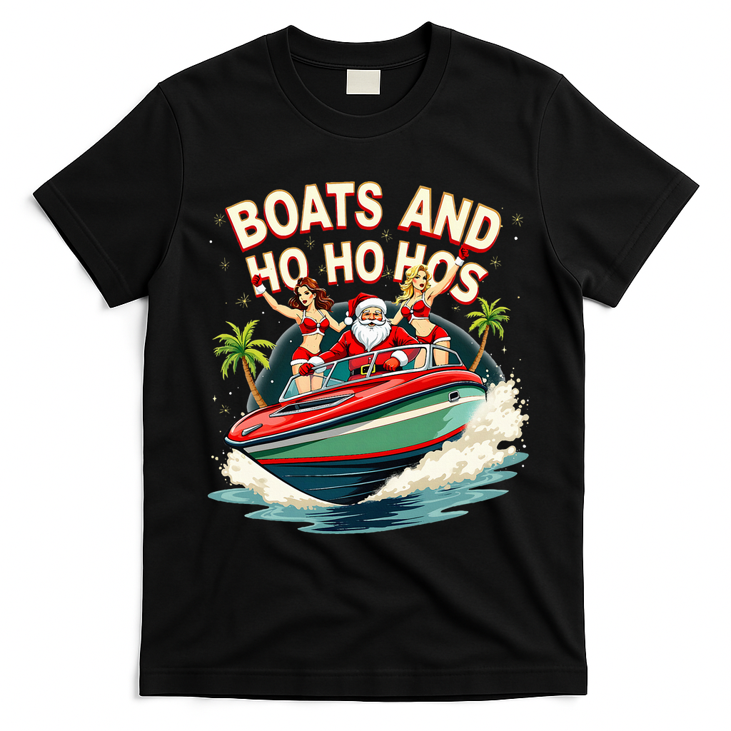 Funny Santa Christmas Boats And Ho Ho Hos T-Shirt - Black