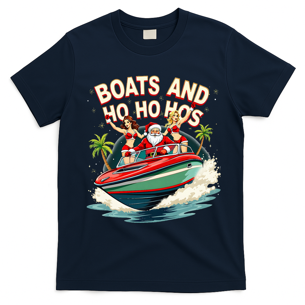 Funny Santa Christmas Boats And Ho Ho Hos T-Shirt - Navy Blue