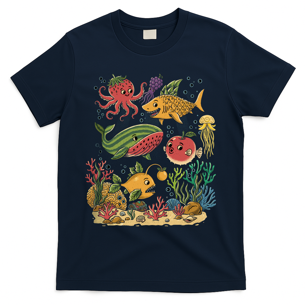 Fish Swiming Fruit T-Shirt - Navy