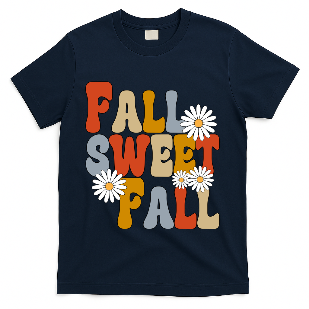 Fall Sweet Fall Retro Flower T-Shirt - Navy