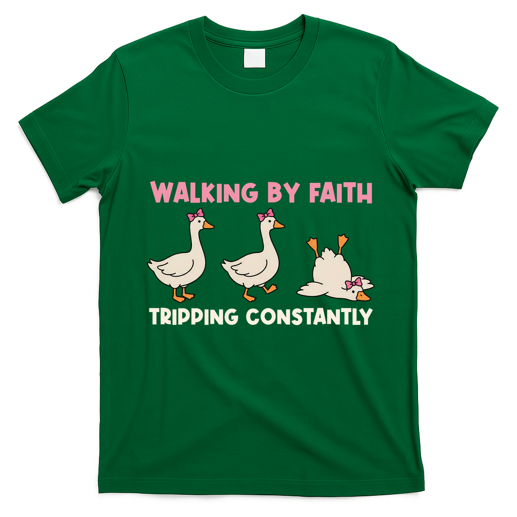 Funny Silly Goose Walking By Faith Tripping Constantly  T-Shirt - Irish Green