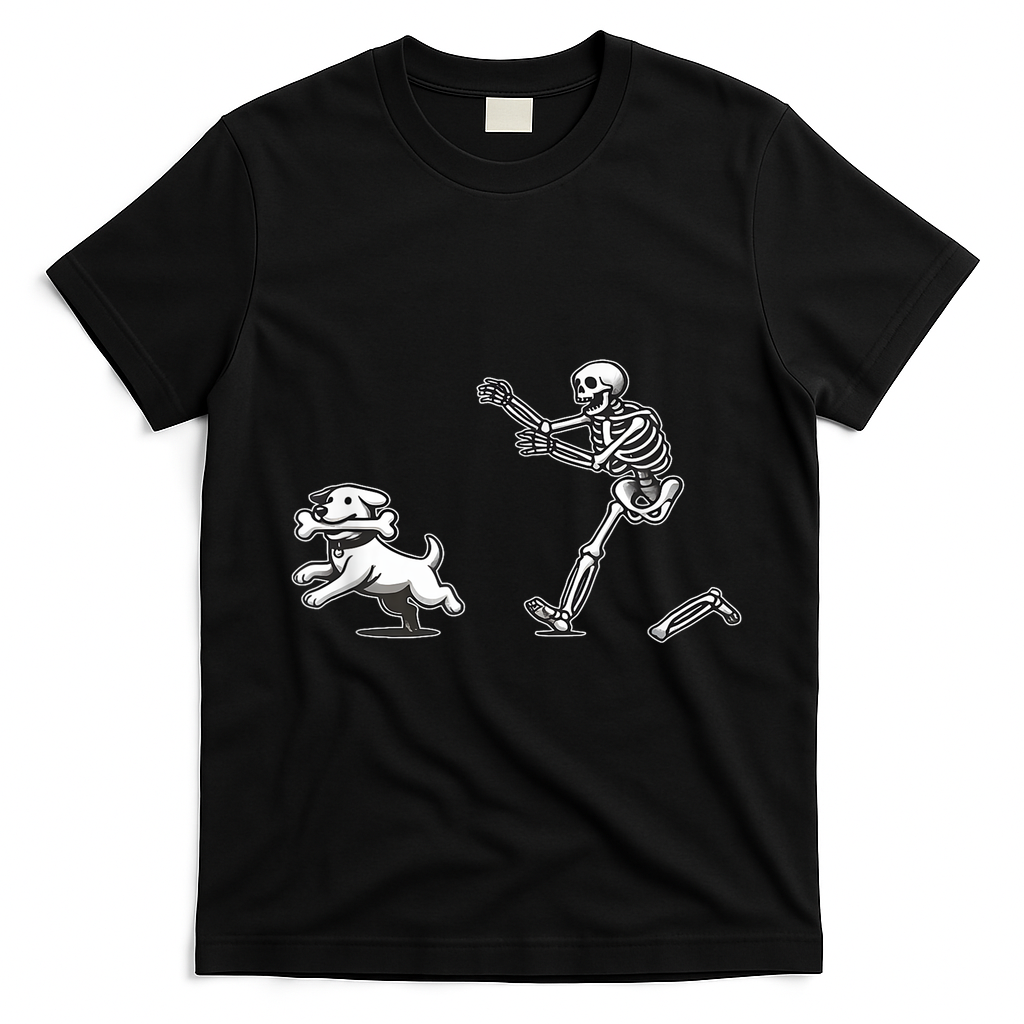 Funny Skeleton Halloween Dog Skeleton Chasing Dog Gift T-Shirt - Black