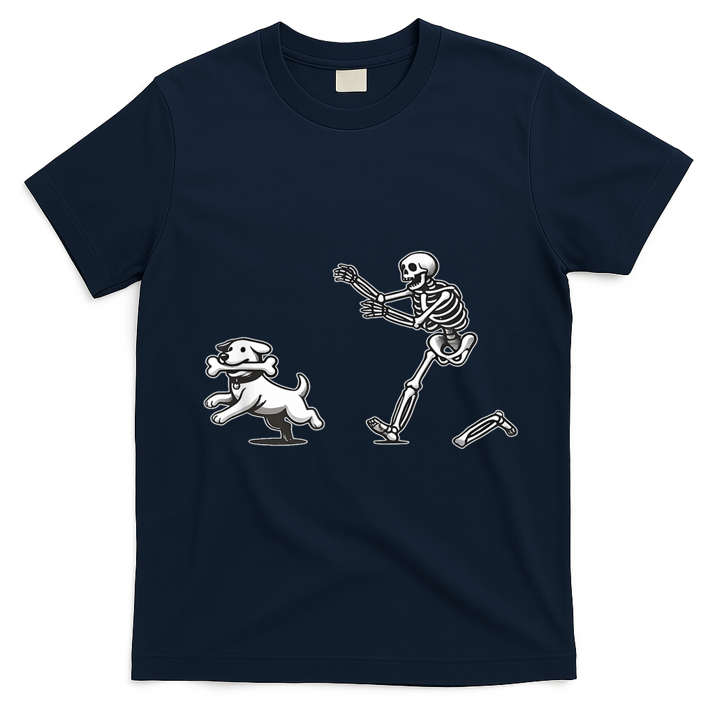 Funny Skeleton Halloween Dog Skeleton Chasing Dog Gift T-Shirt - Navy Blue