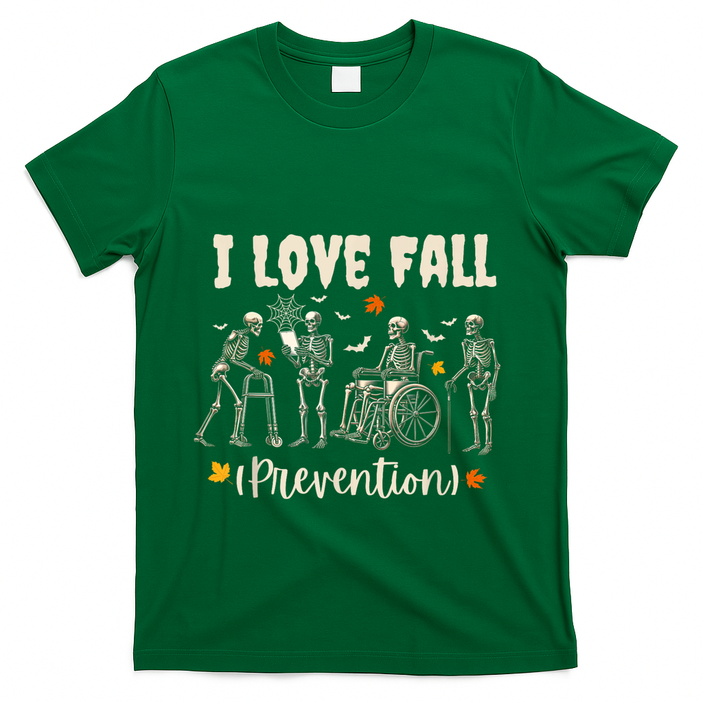 Funny Skeleton I Love Fall Prevention Fall Physical Therapy T-Shirt - Green