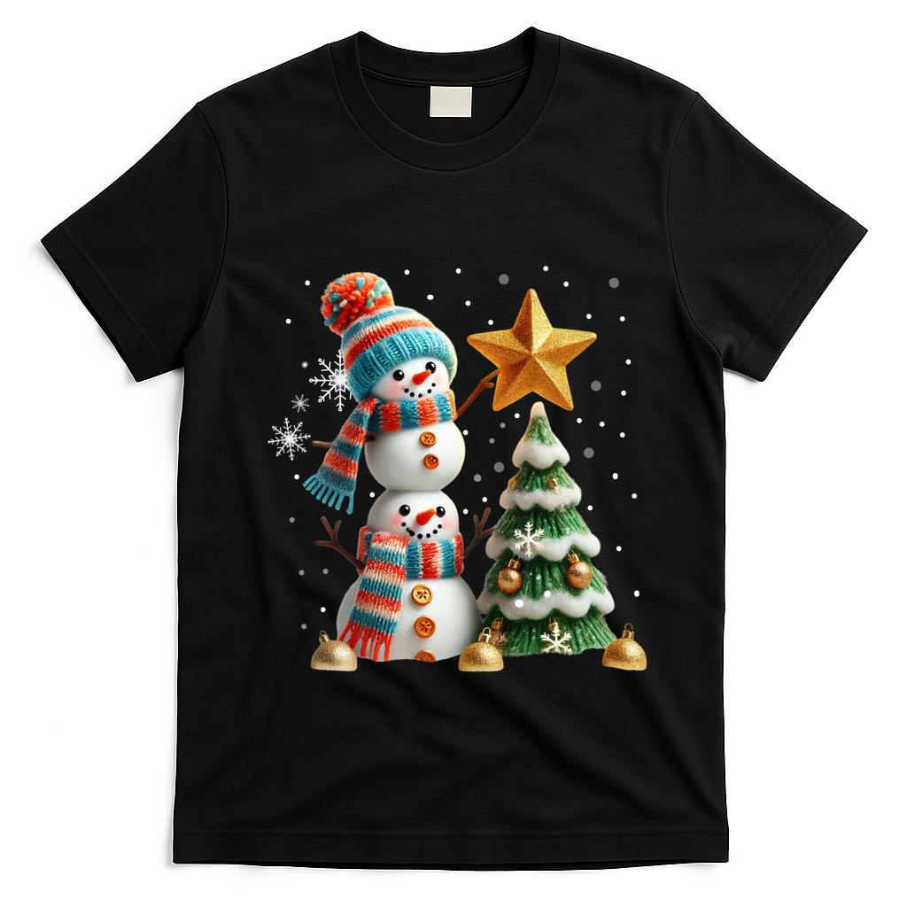 Funny Snowmen Putting Up Christmas Tree T-Shirt - Black