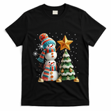 Funny Snowmen Putting Up Christmas Tree T-Shirt - Black