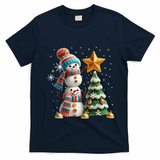 Funny Snowmen Putting Up Christmas Tree T-Shirt - Navy Blue