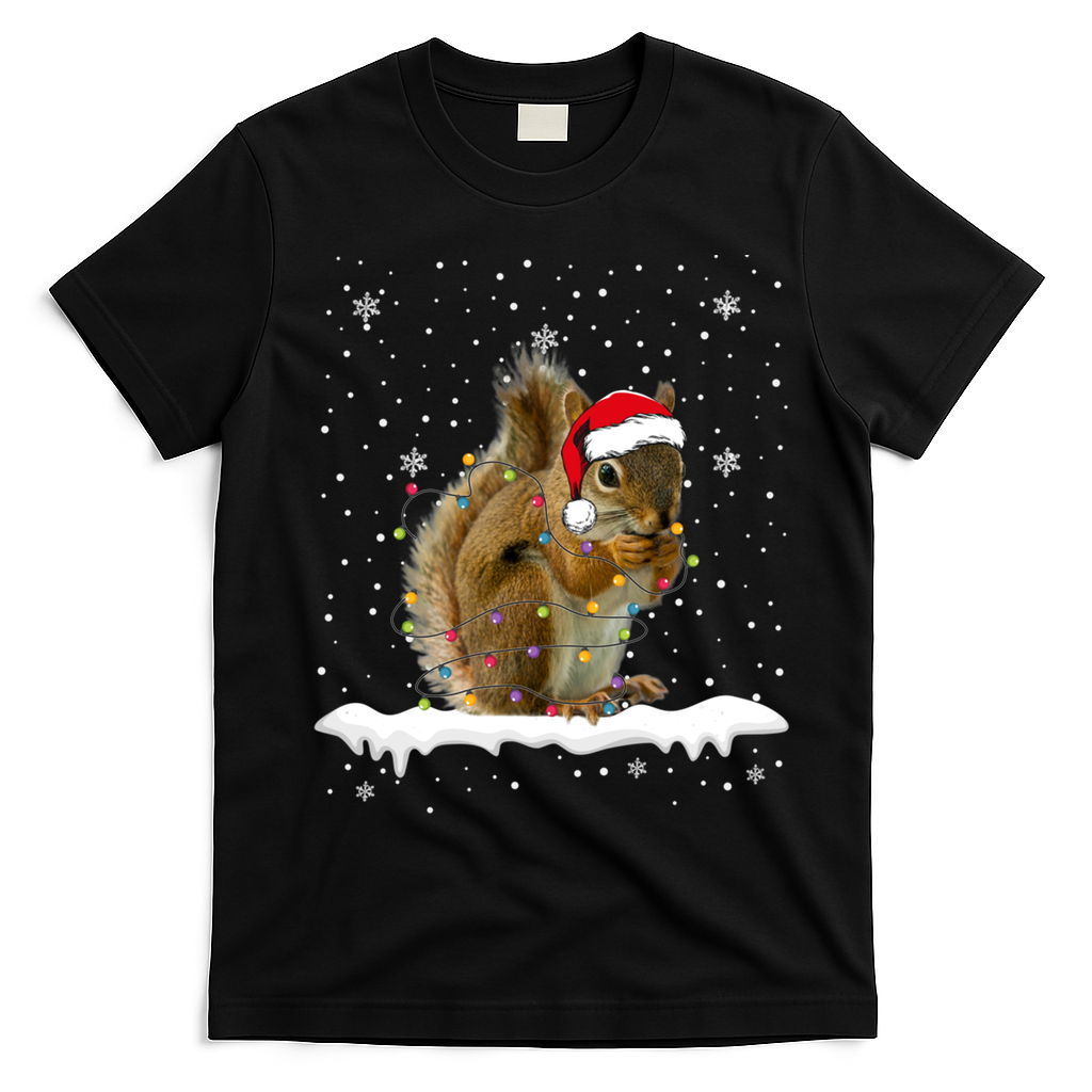 Funny Santa Squirrel Christmas Lights Animals Lover Gift T-Shirt - Black