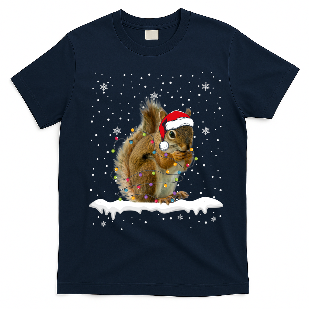 Funny Santa Squirrel Christmas Lights Animals Lover Gift T-Shirt - Navy Blue