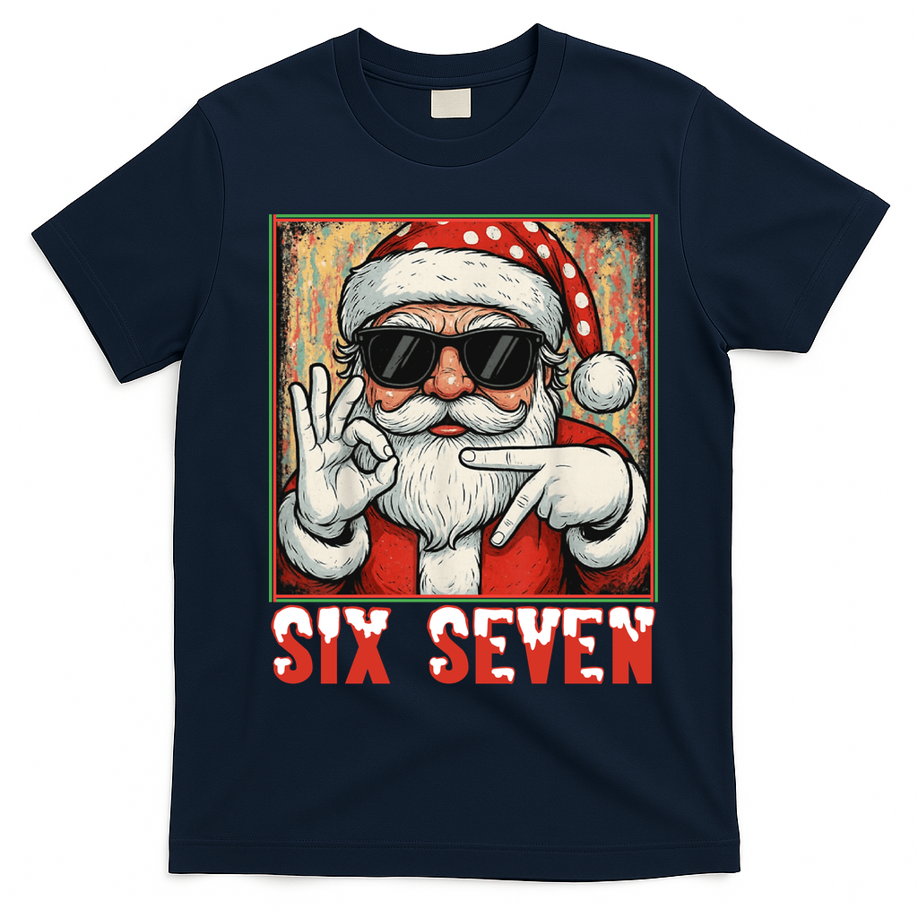 Funny Six Seven Meme Christmas Cool Santa Saying  T-Shirt - Navy Blue