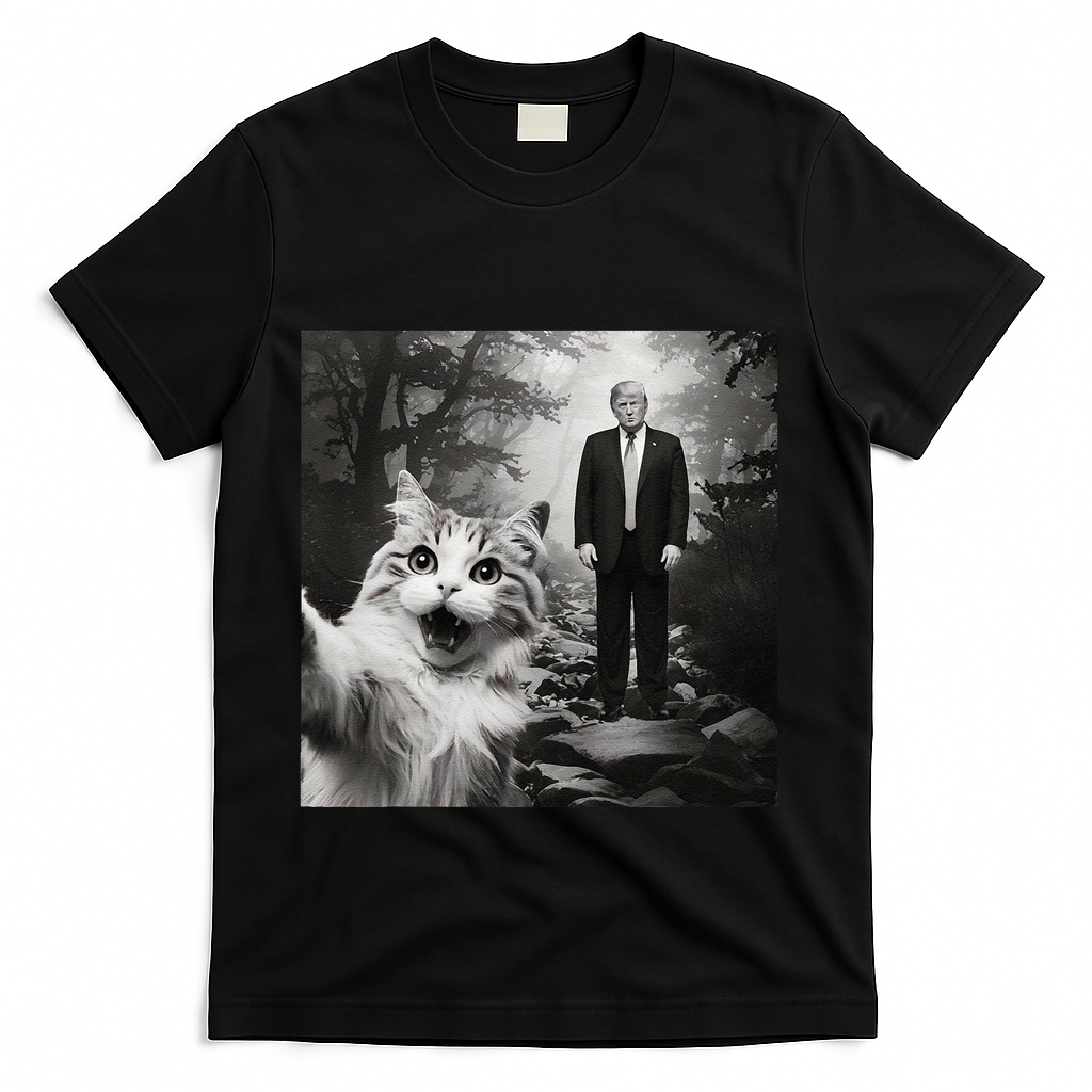 Funny Surprised Scared Cat Selfie With D.Trump T-Shirt - Black