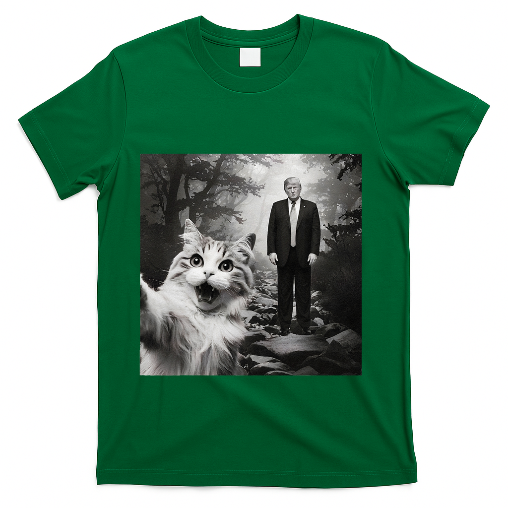 Funny Surprised Scared Cat Selfie With D.Trump T-Shirt - Green