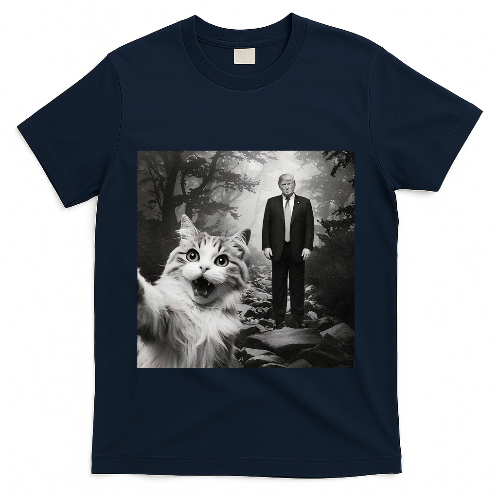 Funny Surprised Scared Cat Selfie With D.Trump T-Shirt - Navy