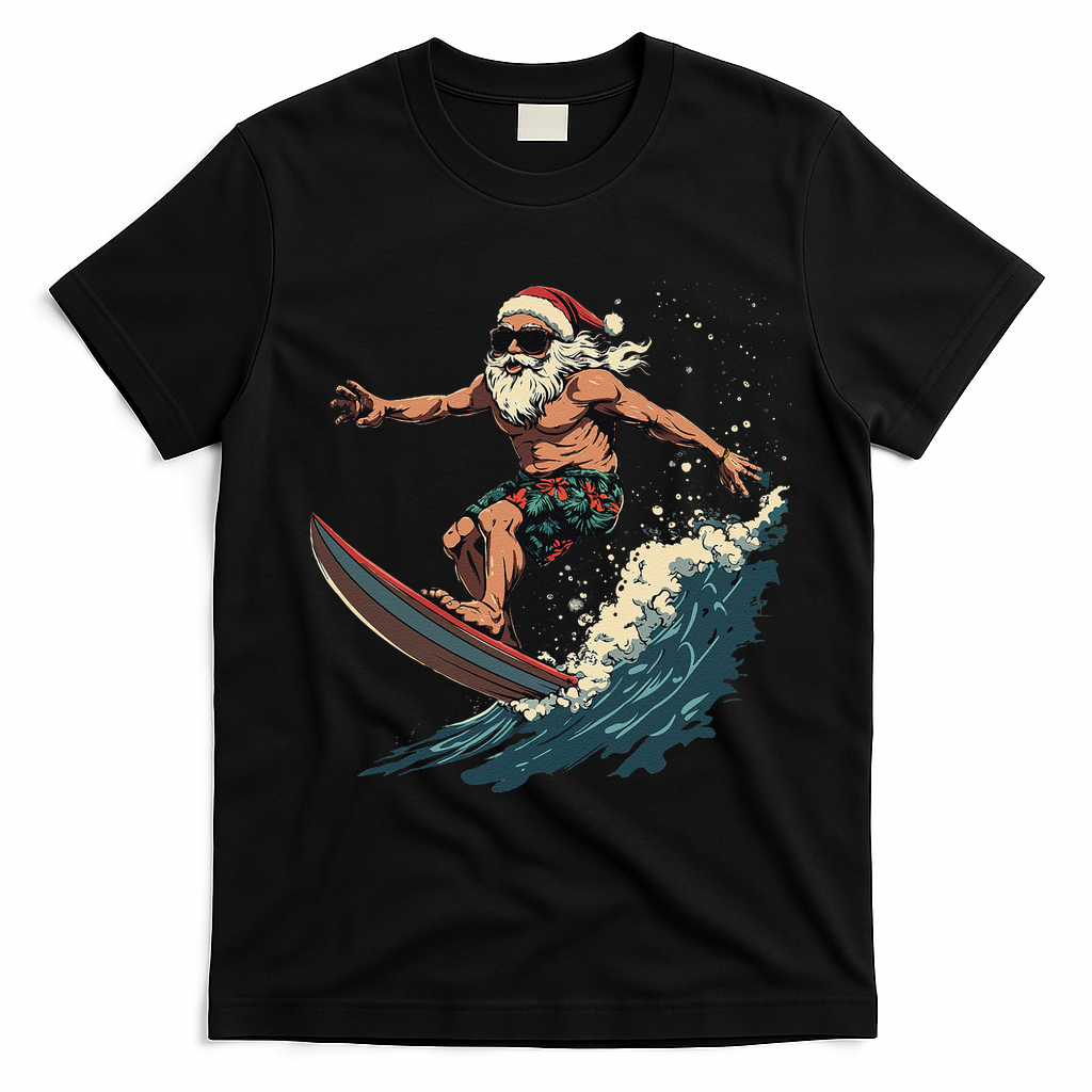 Fun Surfing Santa Christmas Santa Catching Waves Surf Lover T-Shirt - Black