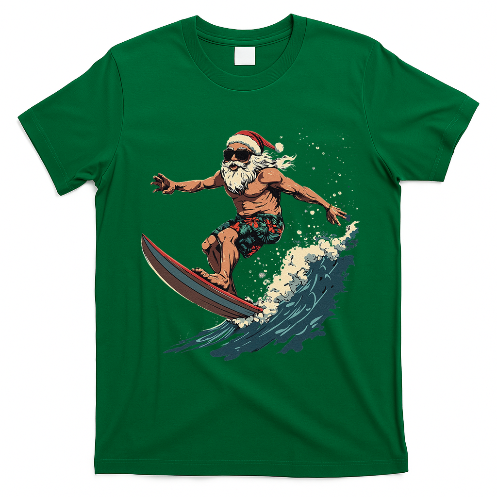 Fun Surfing Santa Christmas Santa Catching Waves Surf Lover T-Shirt - Irish Green
