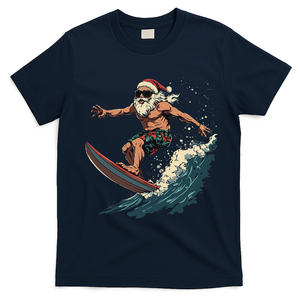 Fun Surfing Santa Christmas Santa Catching Waves Surf Lover T-Shirt - Navy Blue
