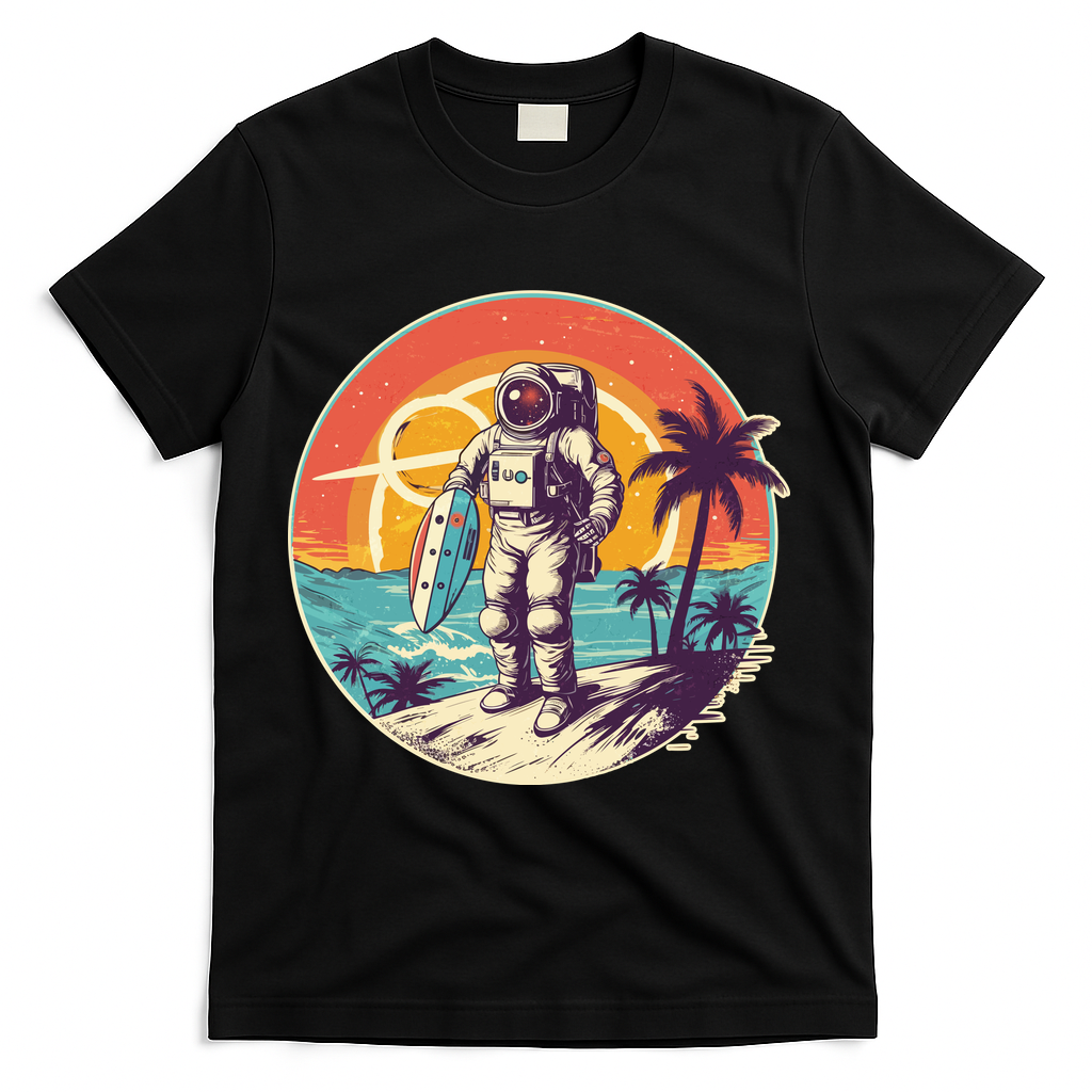 Funny Summer Time Surfing Astronaut T-Shirt - Black