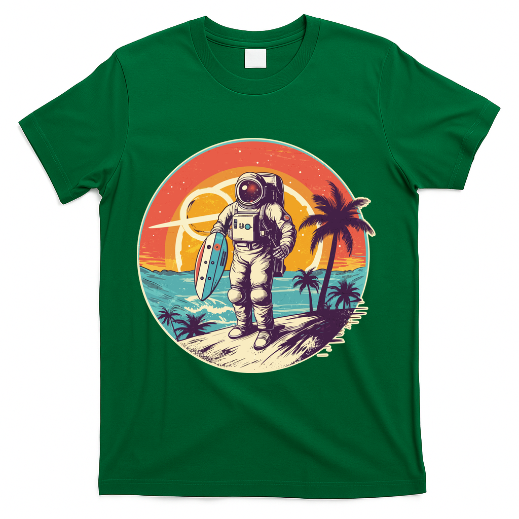 Funny Summer Time Surfing Astronaut T-Shirt - Green
