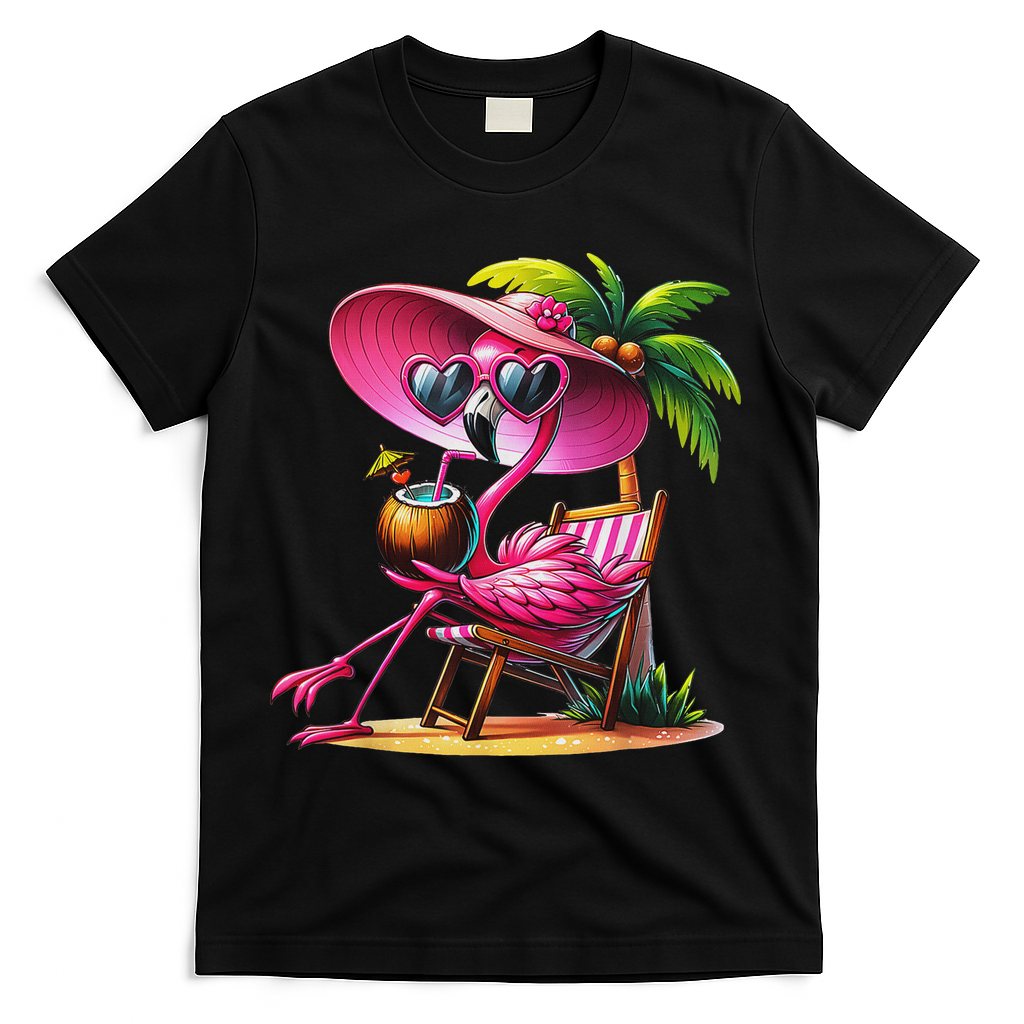 Flamingo Summer Vibes Beach Palm Tree Summer Vacation T-Shirt - Black