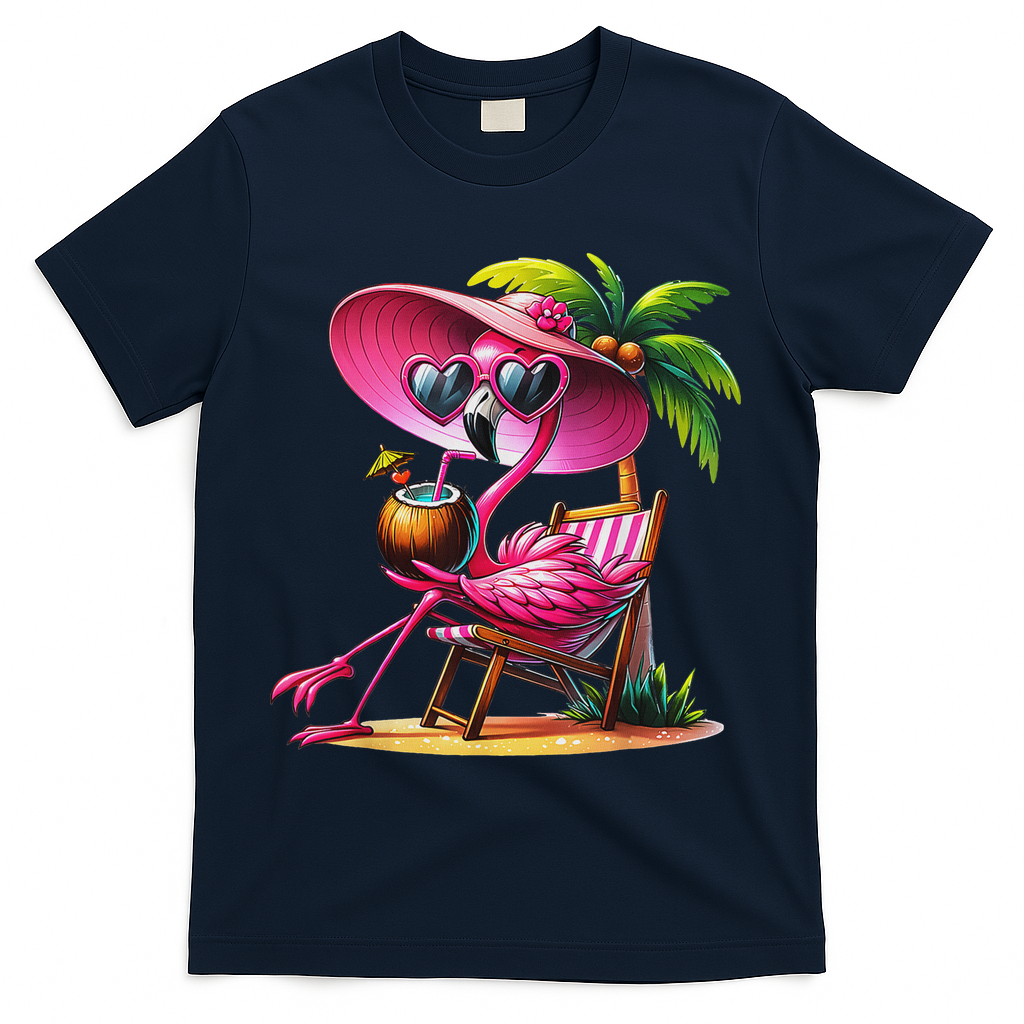 Flamingo Summer Vibes Beach Palm Tree Summer Vacation T-Shirt - Navy